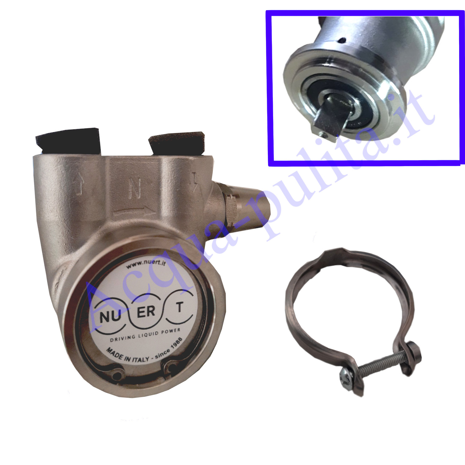 Pompa Nuert 100 L/h con attacchi femmina da 3/8". Predisposizione per montaggio sul motore con una fascetta in acciaio inossidabile. Modello: PR 1AZXN_AGNA