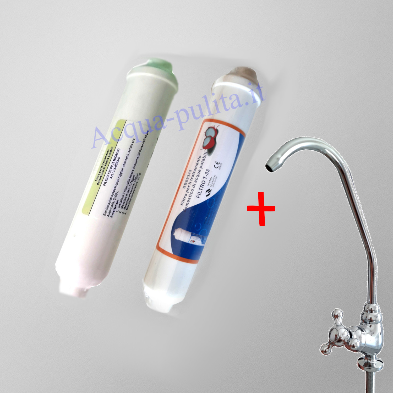 Coppia Filtro T-33 + sedimenti + rubinetto. Filtro al cocco al carbone + sedimenti 5 micron 10".