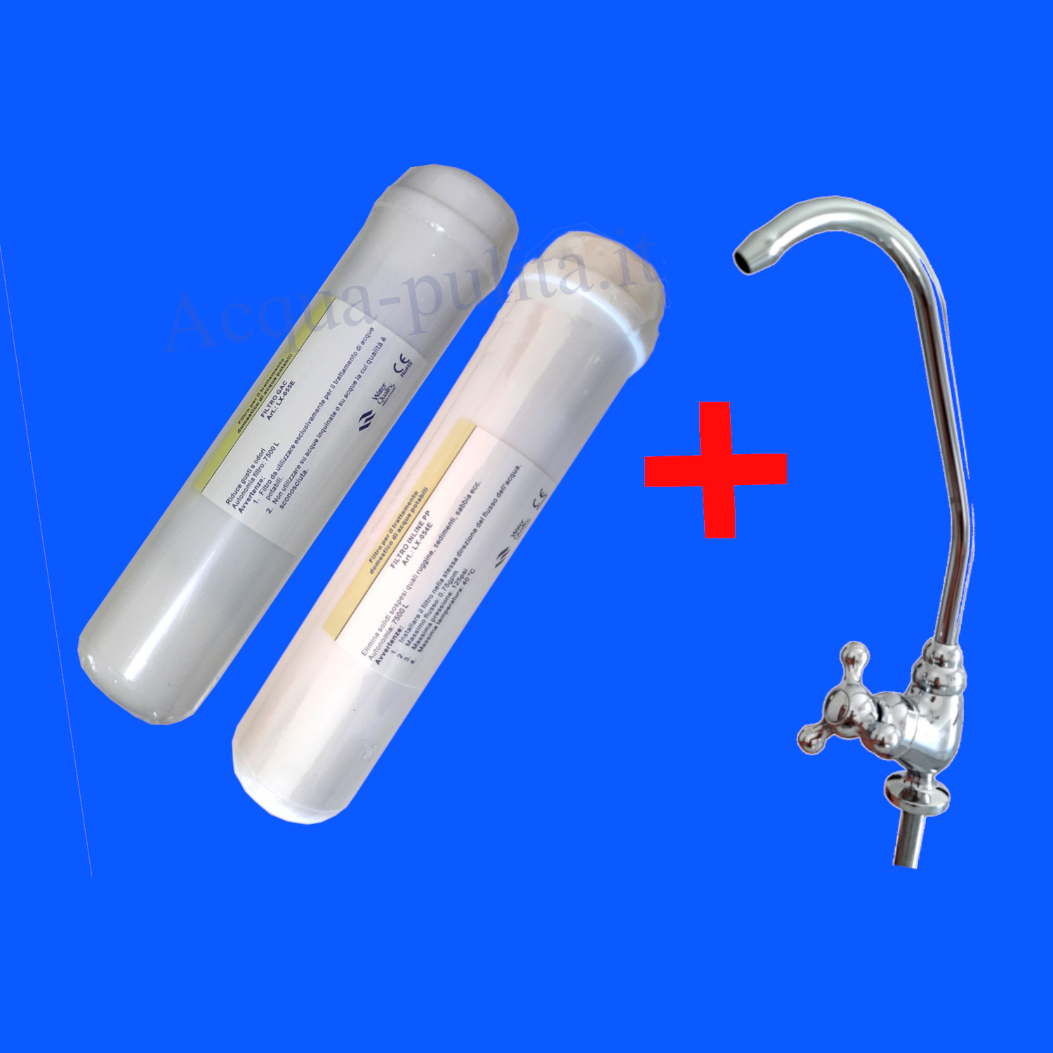 Kit Coppia di filtri in linea (inline) + rubinetto per depuratori ad osmosi inversa o sistemi di filtrazione in genere. 1 filtro sedimenti + 1 a carbone