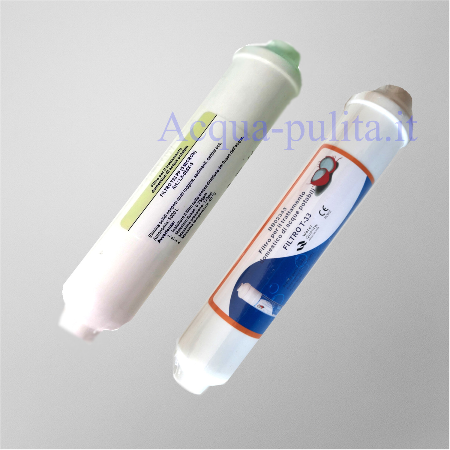 Coppia Filtro T-33 al cocco al carbone e sedimenti 5 micron 10". Il filtro al carbone migliora odore e sapore. Il filtro a sedimenti riduce sabbia, ruggine