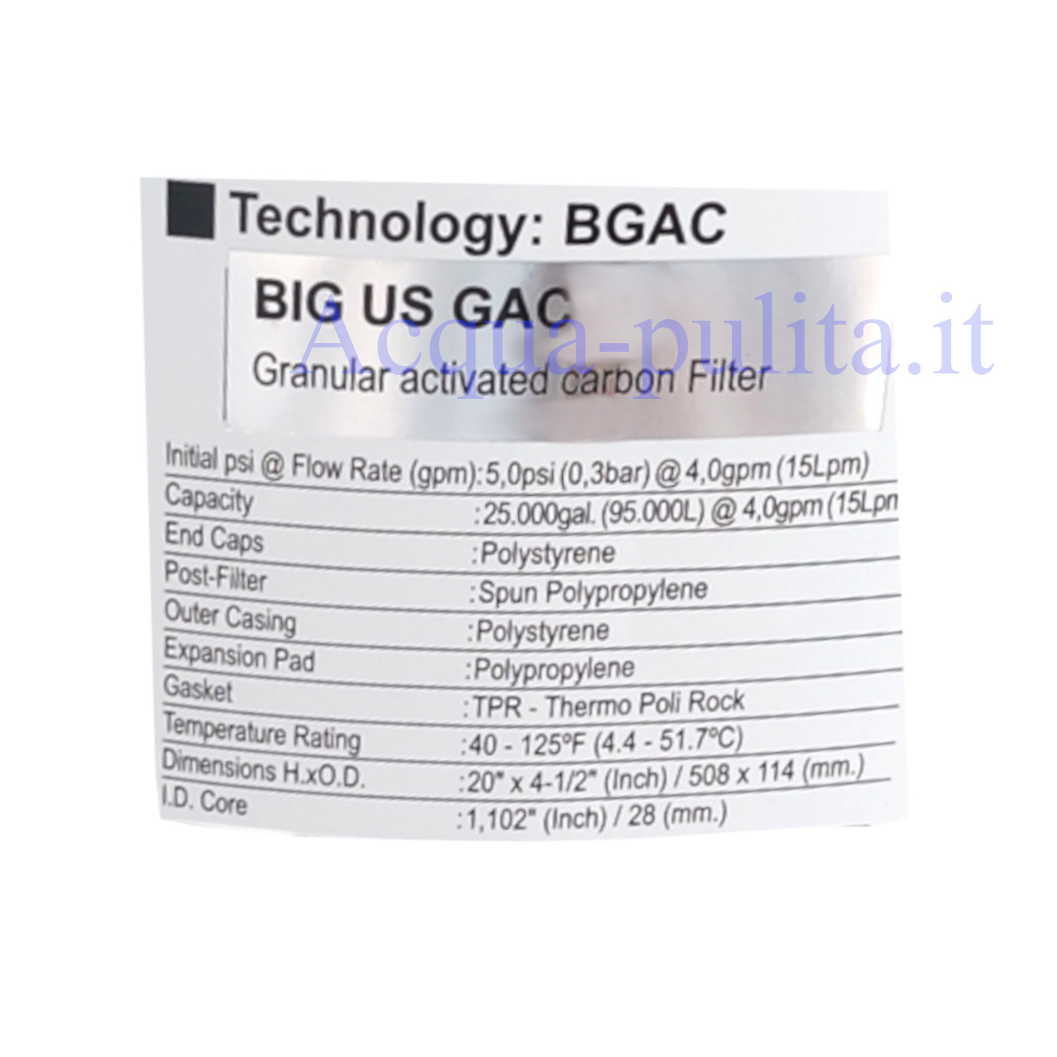 Filtro carbone GAC BIG 20" a carbone attivo granulare blue con post filtro integrato