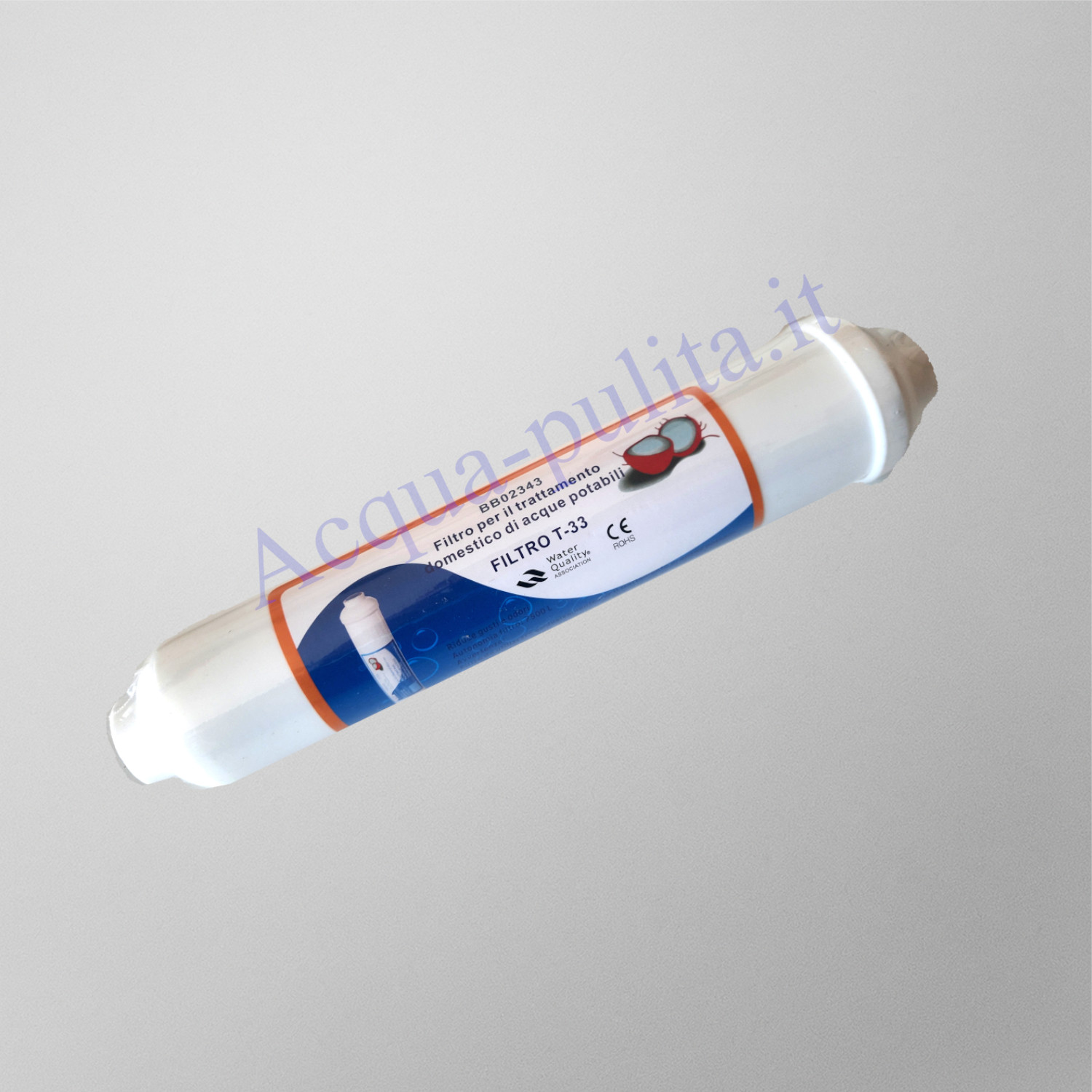 Filtro in linea T-33 al cocco BB02343 al carbone con attacchi da 1/4" femmina. Adatto a migliorare il gusto e l'odore dell'acqua