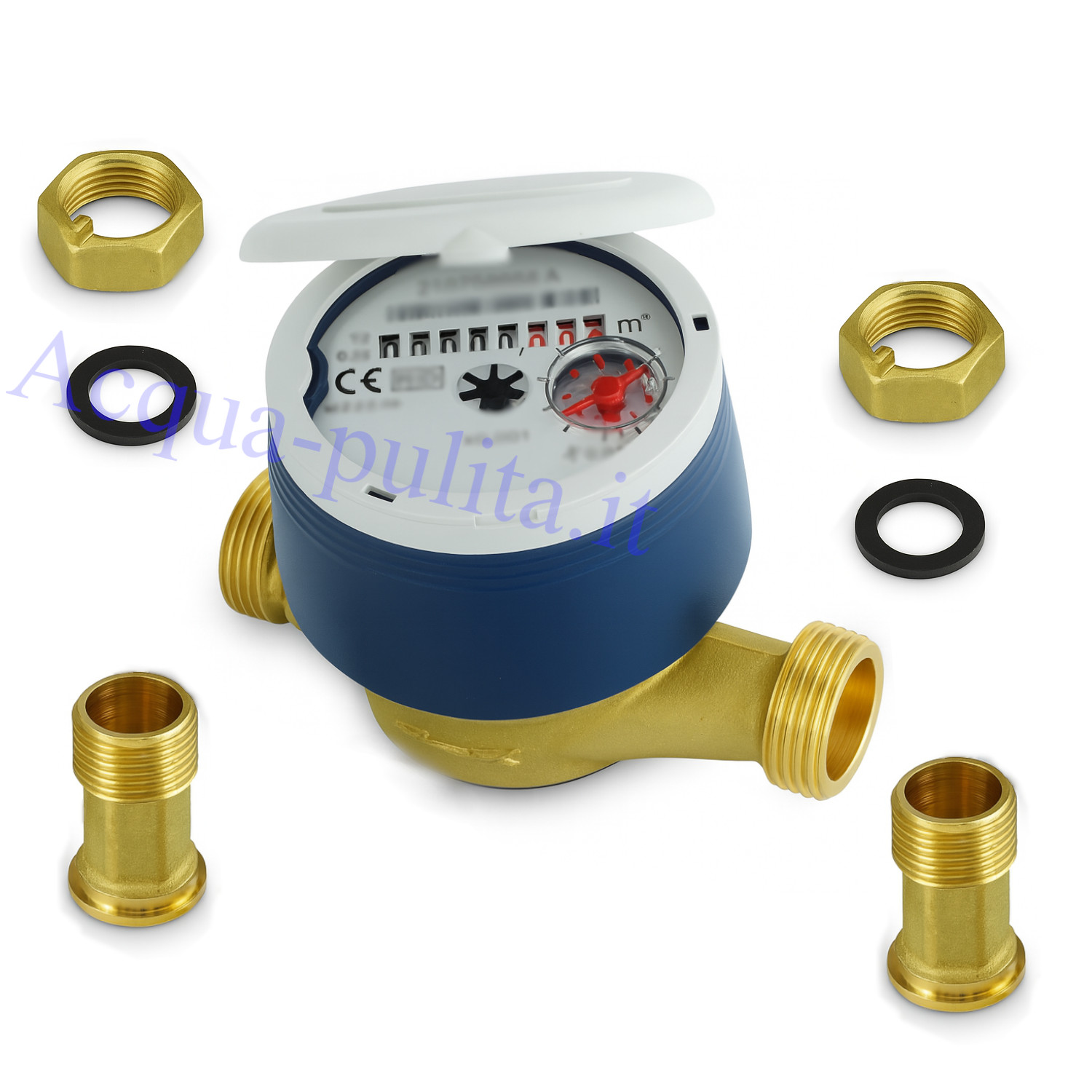 Contalitri meccanico con bocchettoni: Contatore d'acqua a getto unico super Dry a quadrante asciutto. Attacchi da 3/4"
