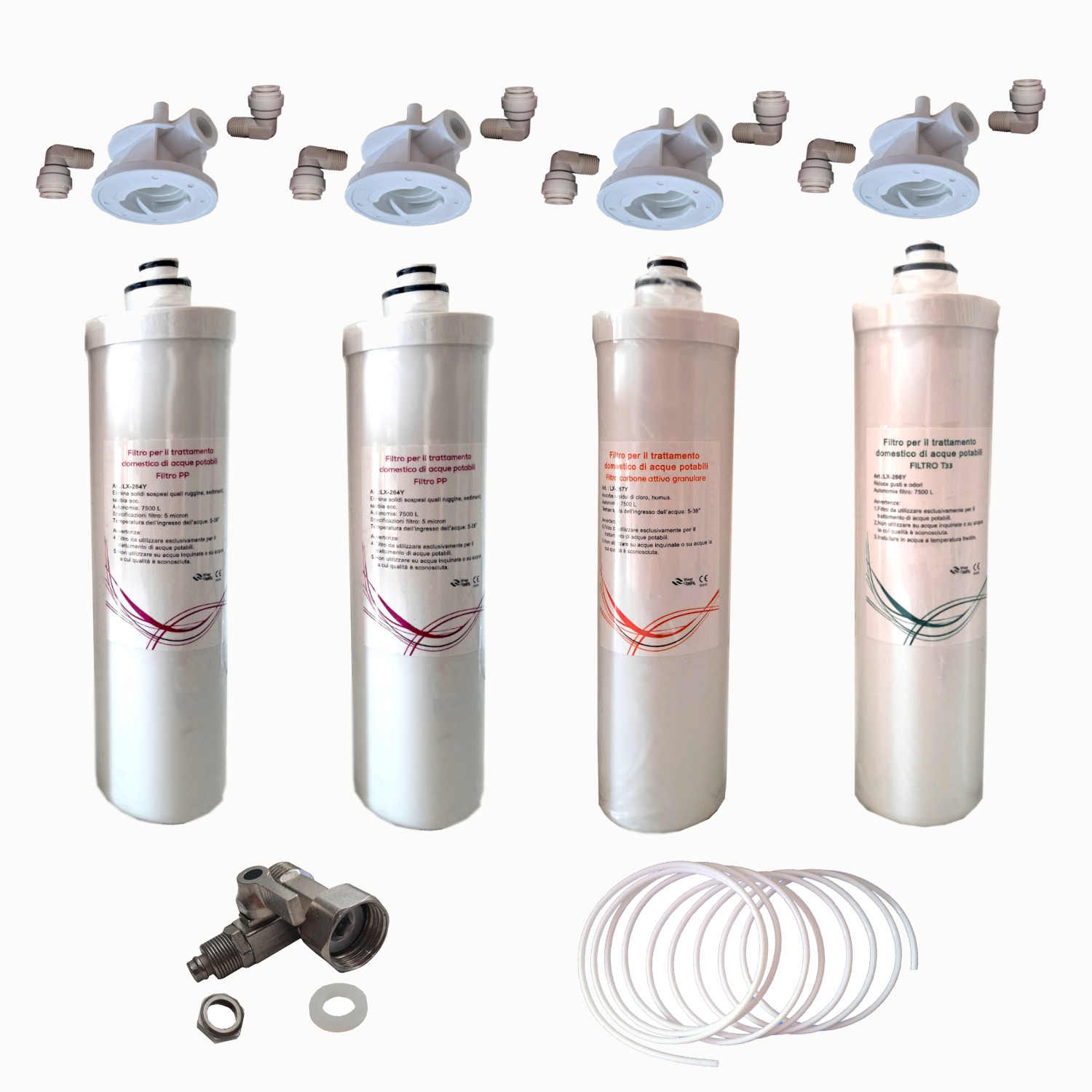 Kit completo 4 Filtri a baionetta. Kit composto da 2x filtri LX-264Y, 1x filtro LX-266Y, 1x filtro LX-267Y + raccordi + tubo e connettore d'entrata