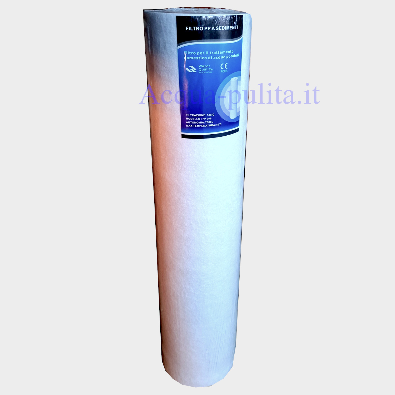 Filtro sedimenti BIG da 20" a da 5 micron in polipropilene. Ideale per impianti industriali o domestici. Riduce sedimenti, ruggine, ecc.