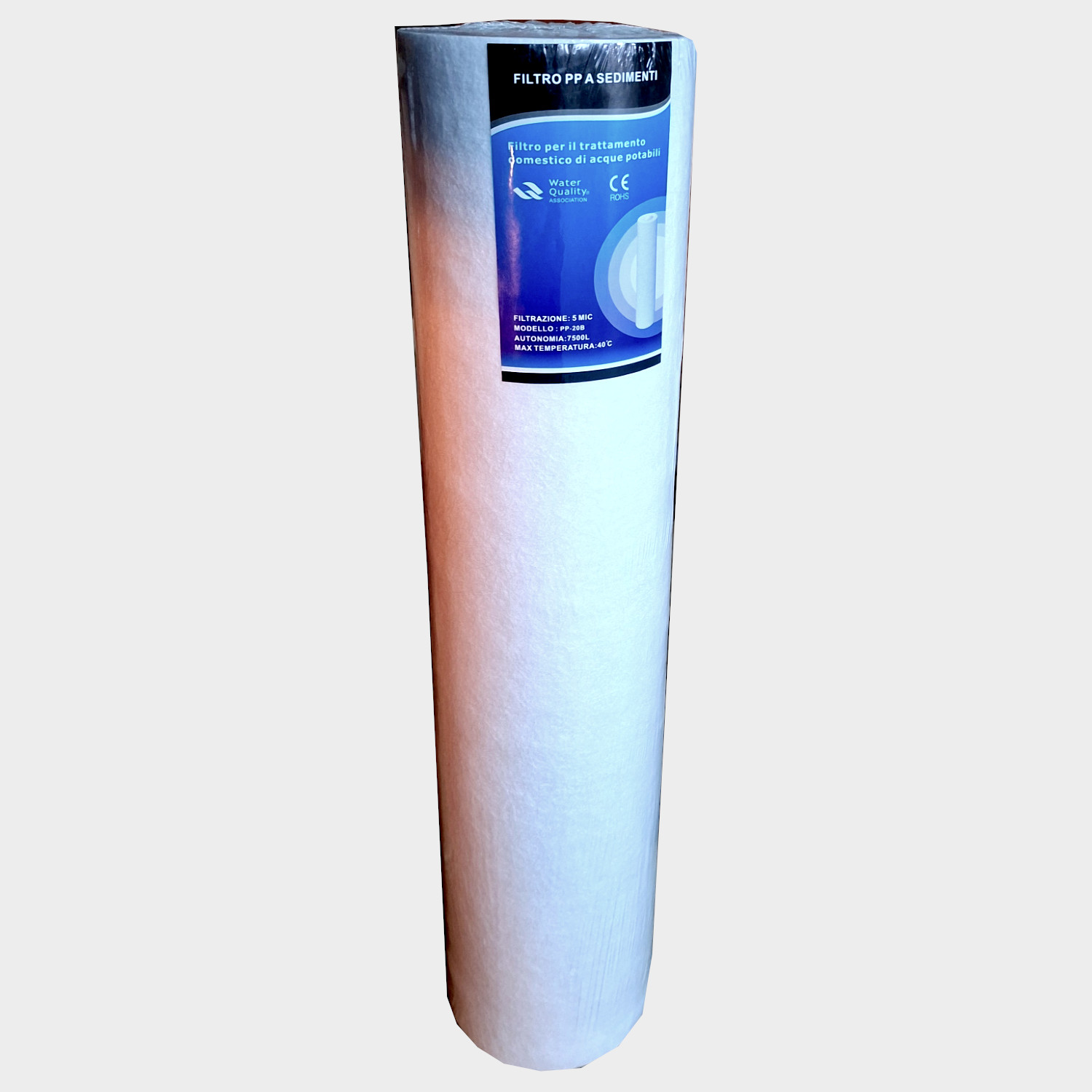 Filtro sedimenti BIG da 20" a da 5 micron in polipropilene. Ideale per impianti industriali o domestici. Riduce sedimenti, ruggine, ecc.