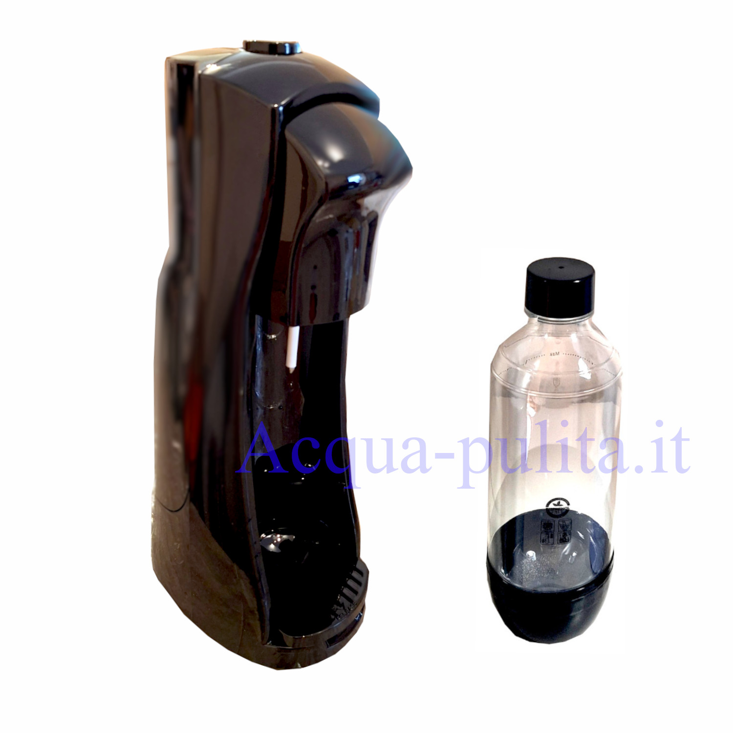 Gasatore da tavolo nero per rendere la tua acqua frizzante completo di bombola Co2 e bottiglia in PET