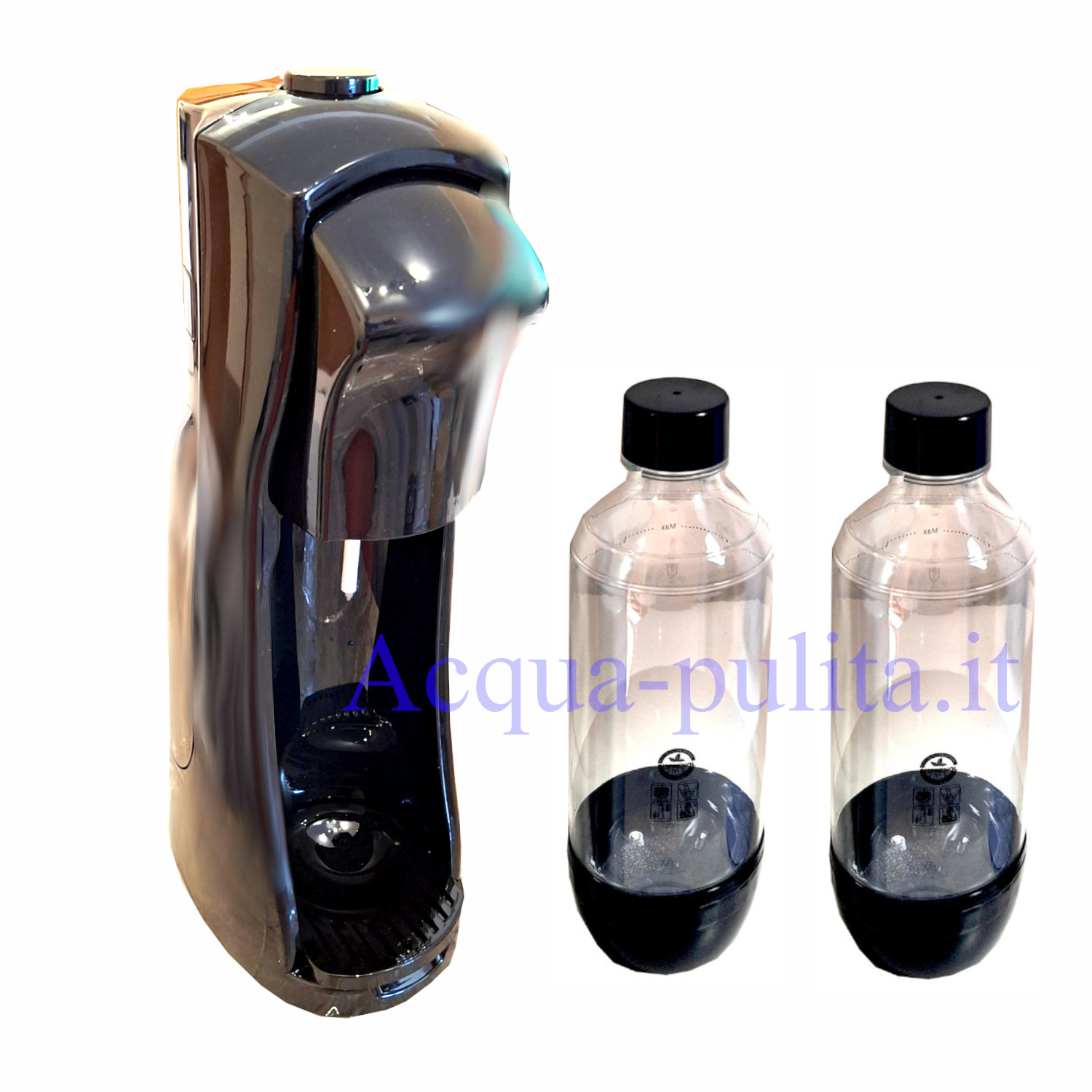 Gasatore da tavolo nero per rendere la tua acqua frizzante completo di bombola Co2 e 2 bottiglie in PET