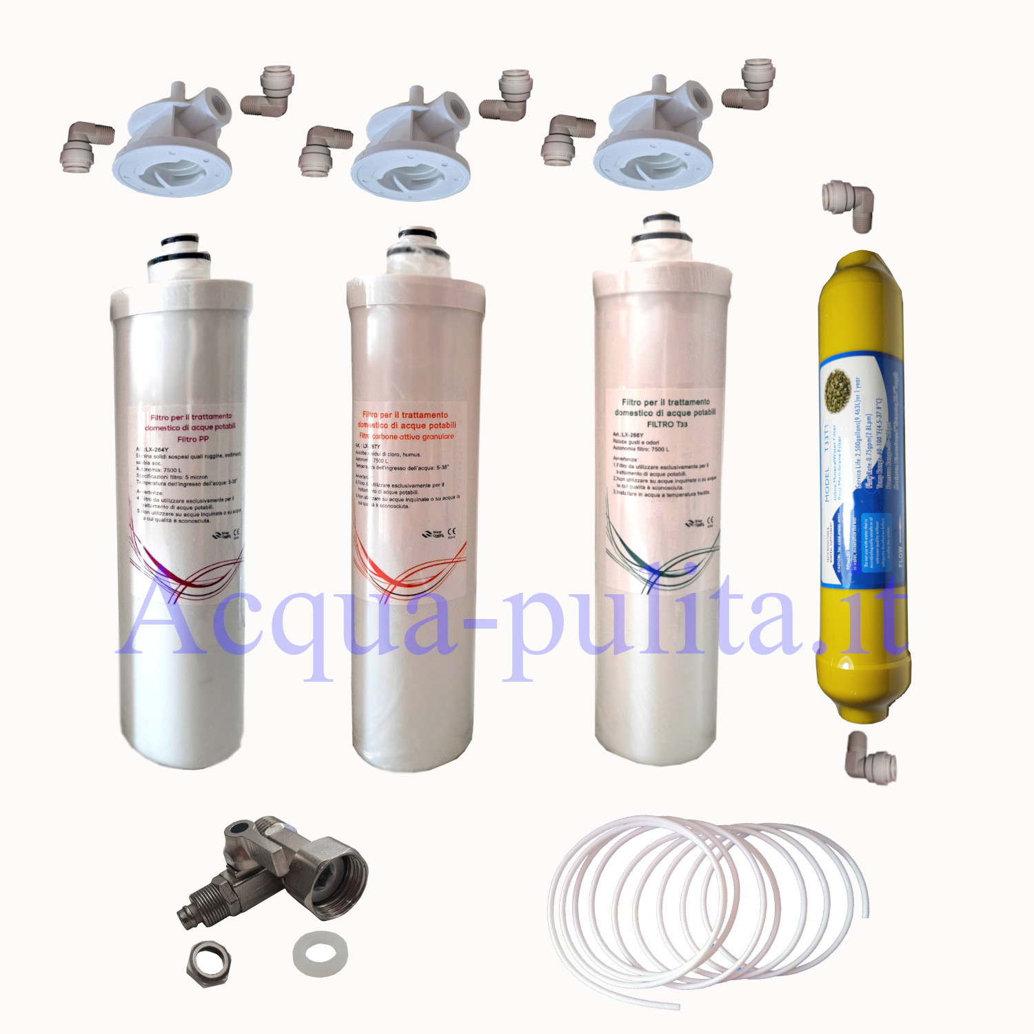 Kit completo 3 Filtri a baionetta. Kit composto da 1x filtri LX-264Y, 1x filtro LX-266Y, 1x filtro LX-267Y + filtro Remineralizzatore + raccordi + tubo e connettore d'entrata