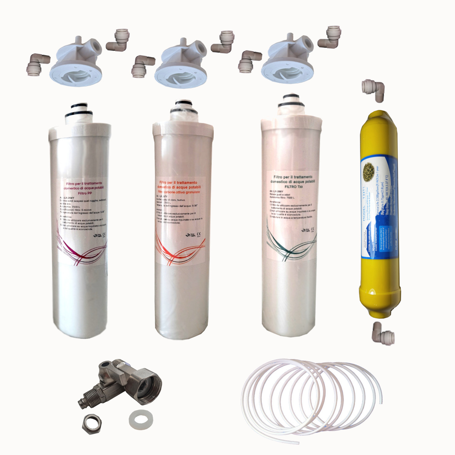 Kit completo 3 Filtri a baionetta. Kit composto da 1x filtri LX-264Y, 1x filtro LX-266Y, 1x filtro LX-267Y + filtro Remineralizzatore + raccordi + tubo e connettore d'entrata