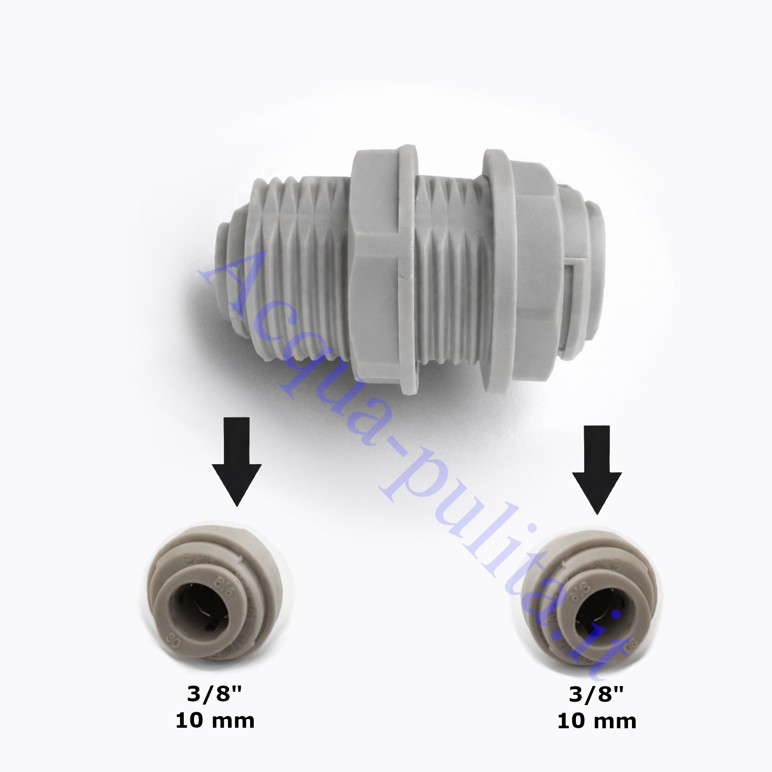 Raccorderia per impianti di depurazione ad osmosi inversa di ogni tipo e dimensione. Raccordo passaparete in plastica 3/8"x3/8" (10mm x 10mm)