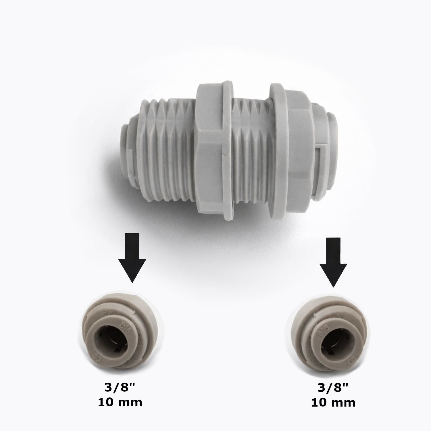 Raccorderia per impianti di depurazione ad osmosi inversa di ogni tipo e dimensione. Raccordo passaparete in plastica 3/8"x3/8" (10mm x 10mm)