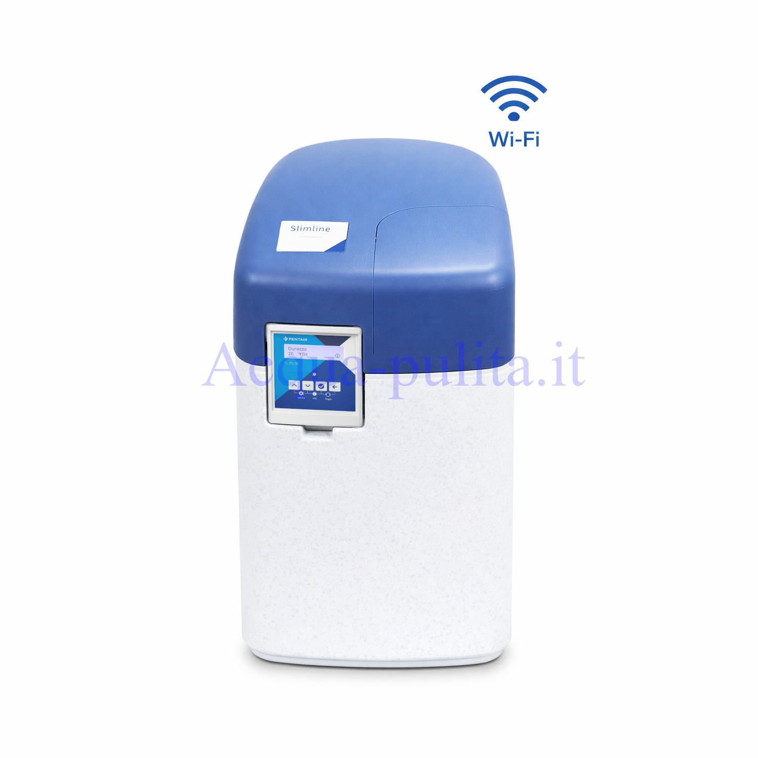 Addolcitore 28 litri Slimline Pentair a corpo unico completo di valvola by-pass e resine, collegabile al wi-fi per poterlo monitorare tramite APP da remoto.