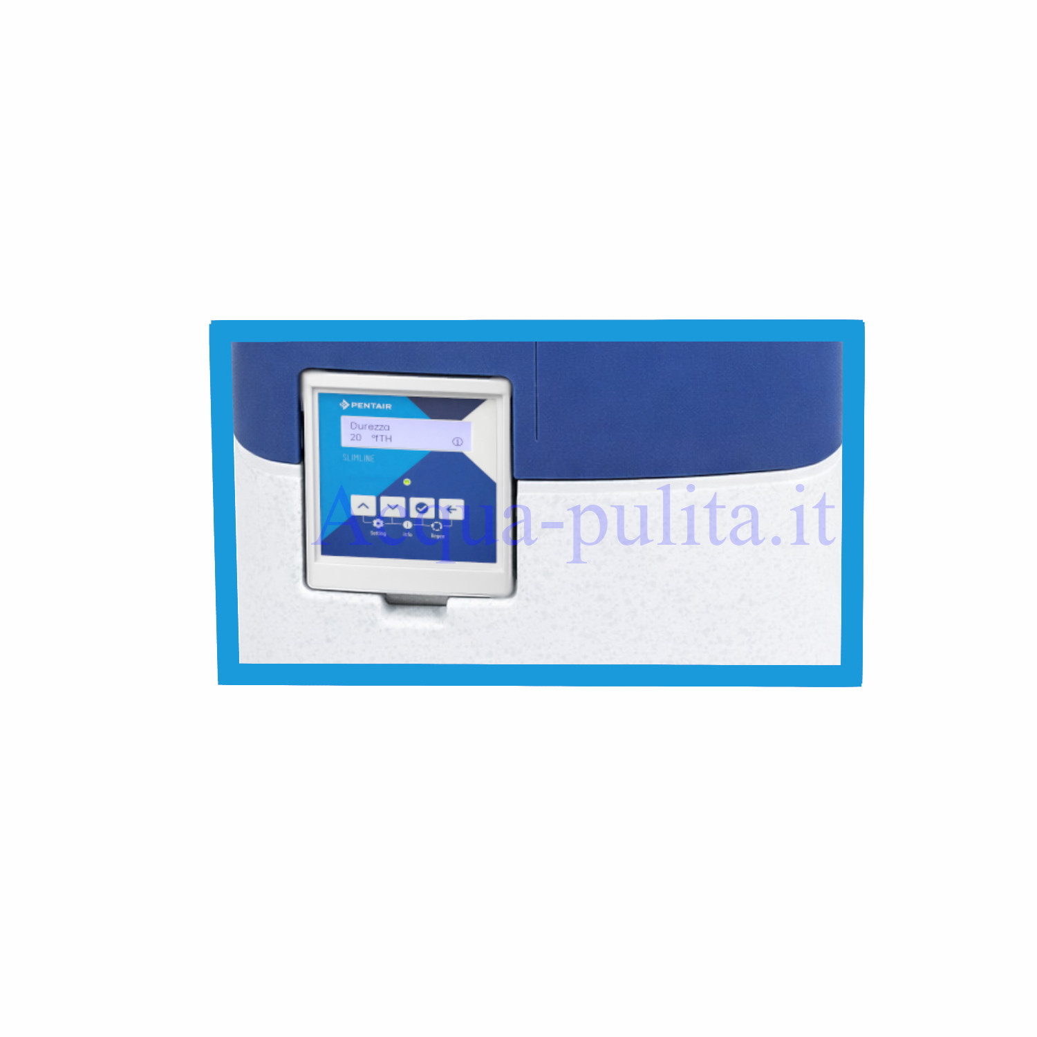 Addolcitore 12 litri Slimline Pentair a corpo unico completo di valvola by-pass e resine, collegabile al wi-fi per poterlo monitorare tramite APP da remoto.