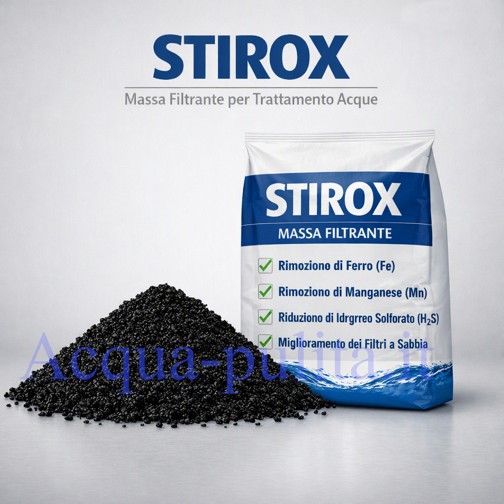 Sacco da 25 kg di massa filtrante Stirox. Favorisce l'ossidazione e la successiva filtrazione di ferro, manganese e idrogeno solforato presenti nell'acqua.