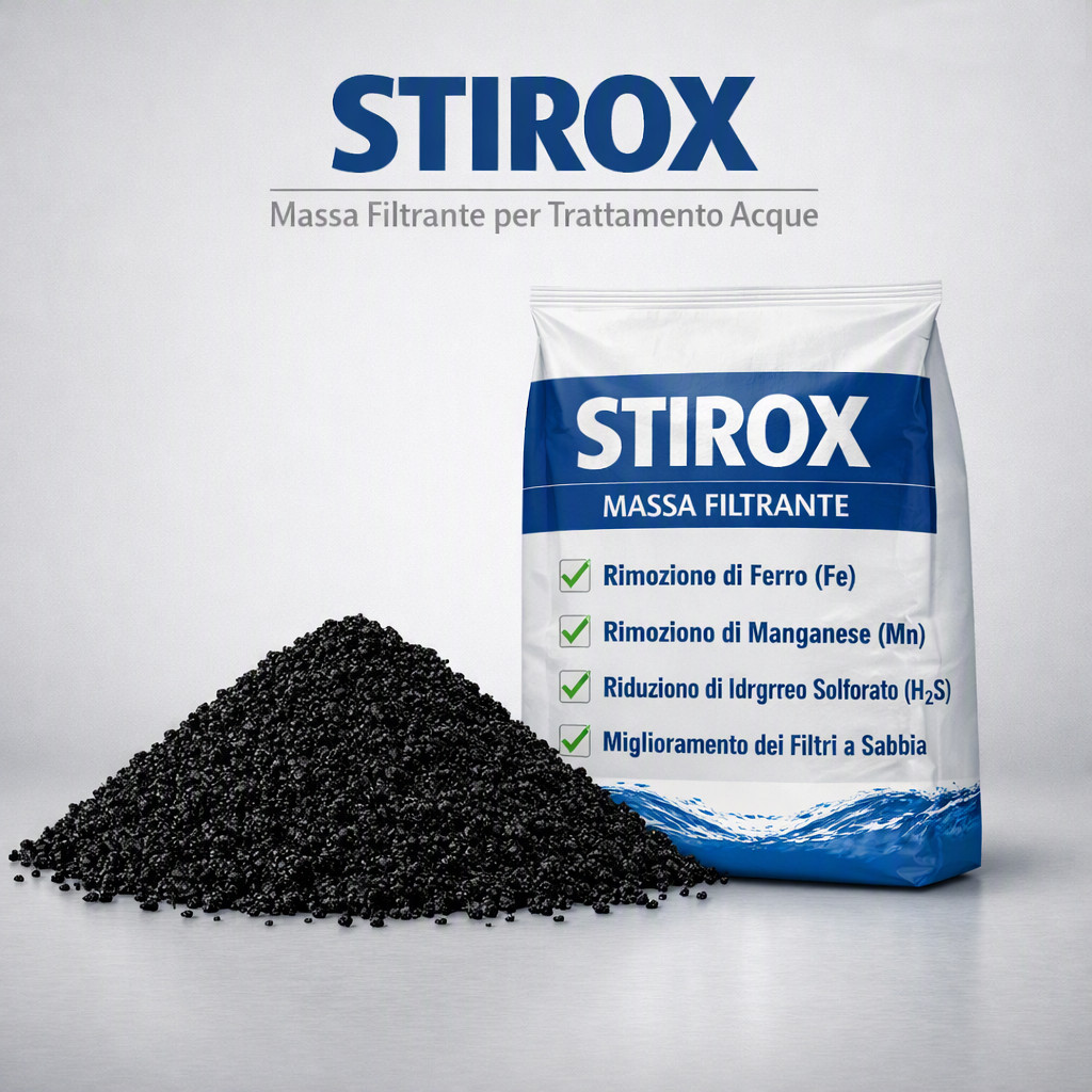 Sacco da 25 kg di massa filtrante Stirox. Favorisce l'ossidazione e la successiva filtrazione di ferro, manganese e idrogeno solforato presenti nell'acqua.