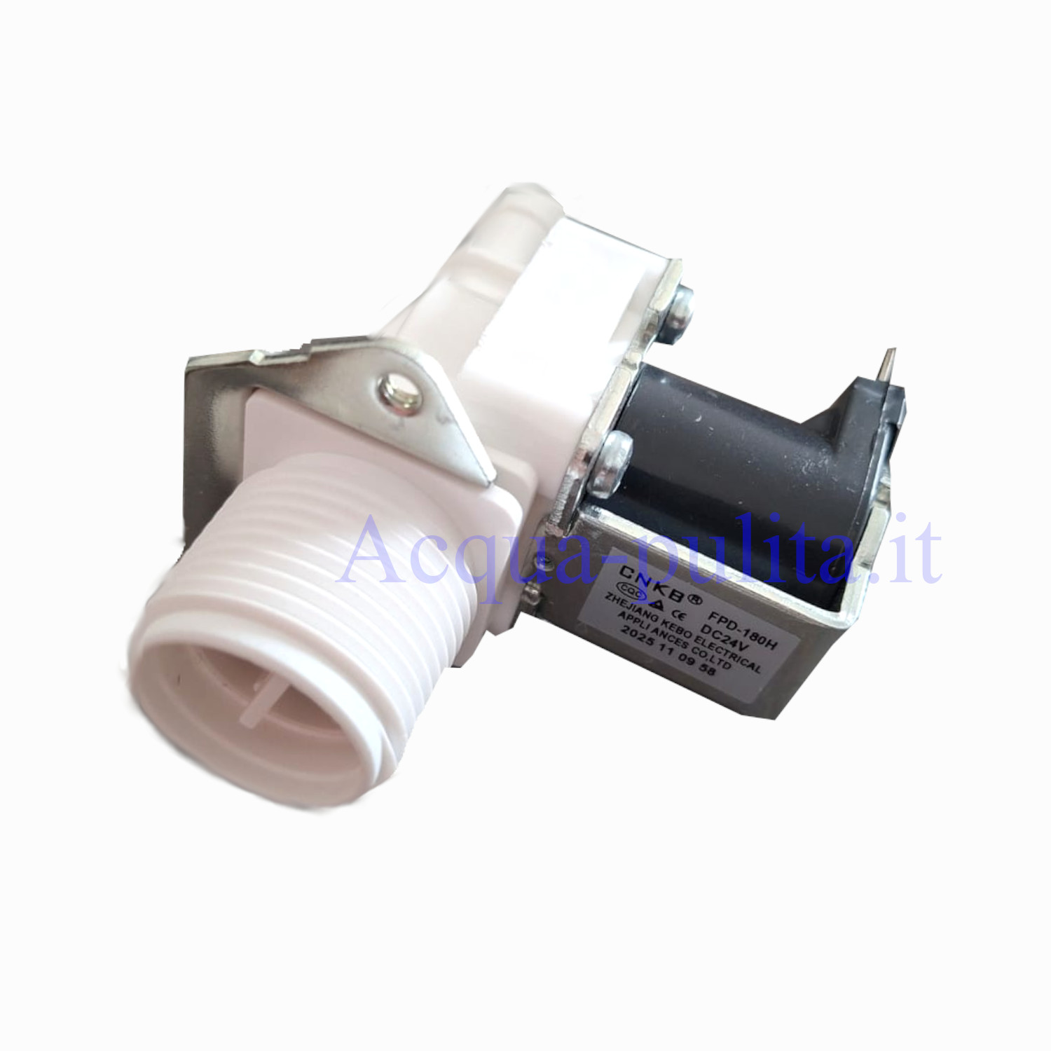 Elettrovalvola a 24 v ad 1 via corpo in resina alimentare, membrana in silicone platinico 3/4" x 12 mm. Portata: 2,5 Lt/Min - 2,5 bar